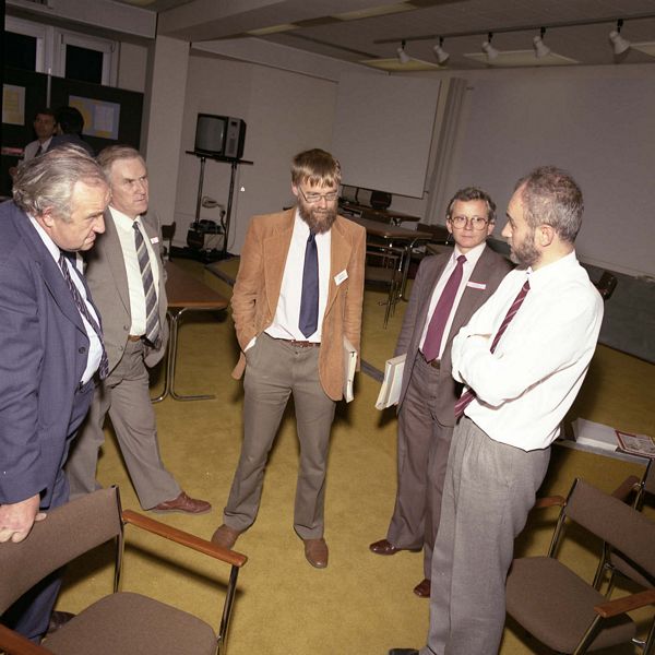 CFC Visit to RAL, 1986, Brian Spratt (Univ of Kent), Mike Jane, Malcolm Atkinson, Mark Wilkins, John Simkin