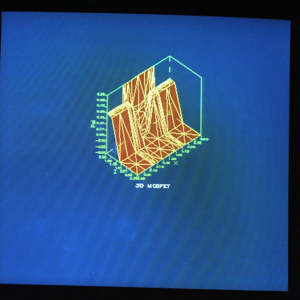 Isometric view of the electrostatic potential on the front face of the MOSFET. 
Gate bias is 1 V and drain bias 0.2V