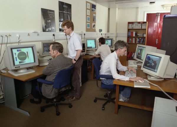 The Parallel Evaluation Centre equipped with a range of low cost parallel systems. (Brian Henderson is on the right)