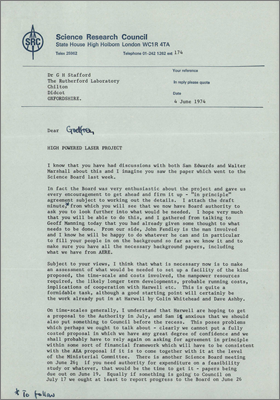 Letter from J Paton, SRC to Stafford, RL concerning the project and suggests that some estimations of costs, manpower and timescales etc are now required (4 June 1974)