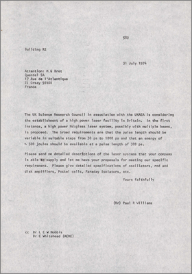 Letter from Paul Williams to MG Bret, Quantel requesting a detailed description of the company's laser systems (31 July 1974)