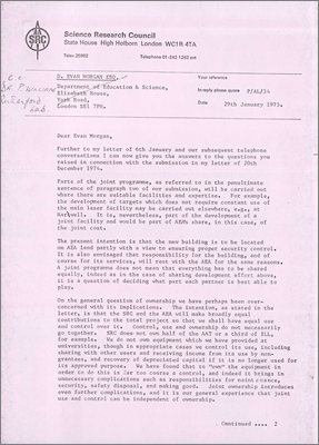 Letter from A Dobbins, SRC to DE Morgan, Dept of Education and Science concerning the location and size of the facility, and financial contributions by the various parties (29 January 1975)