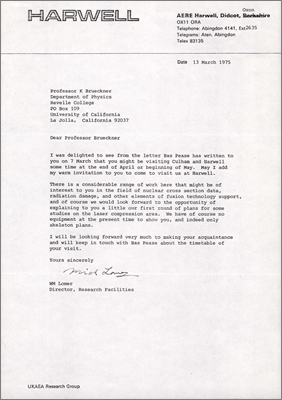 Letter from WM Lomer, Harwell to K Brueckner, U California extending an invitation for him to visit Harwell (13 March 1975)