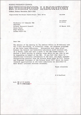 Letter from Stafford to Sam Edwards with draft proposed programme of the Joint Laser Laboratory (13 March 1975)