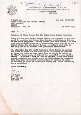 Letter from JH Major, Department of Industry to M Smith, AERE Harwell concerning comments on the proposal to purchase non-British lasers (19 March 1975)