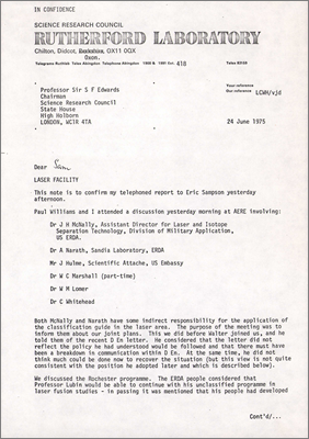 Letter from LCW Hobbis to Sam Edwards, SRC reporting on an earlier meeting and a recent D En (Department of Energy?) letter, ERDA (the US Energy Research and Development Administration) security classification scheme and the unfortunate consequences (24 June 1975)