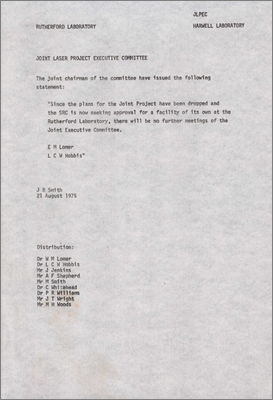 Note from joint chairmen of the committee announcing the closure of the project (EM Lomer and LCW Hobbis, 21 August 1975)