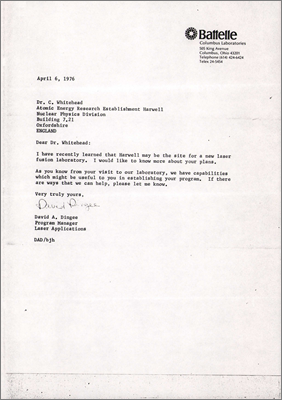 Letter from DA Dingee, Columbus Laboratories, Ohio to C Whitehead asking for details of the project (6 April 1976)