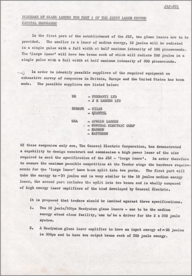 JLP-EC1 Purchase of Glass Lasers for Part 1 of the Joint Laser Centre: Capital Programme (C Whitehead and PR Williams, 30 January 1975)