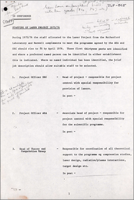 JLP-EC5 Staffing on Laser Project 1975/76 (C Whitehead and PR Williams, 21 March 1975)