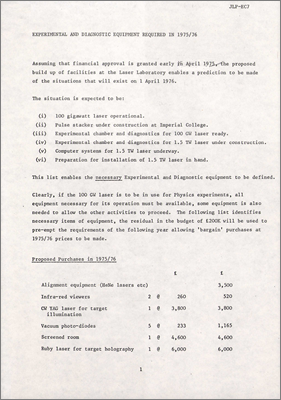 JLP-EC7 Experimental and diagnostic equipment required in 1975/76 (C Whitehead and PR Williams, 21 March 1975)