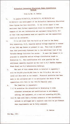 Note from Bowles concerning Electrical Power Distribution Network and modifications to R25 (Includes estimated costs, 9 May 1963)