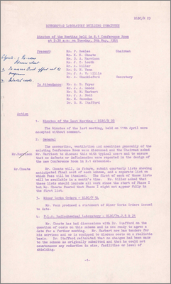 RLBC/M29 Acoustics and ventilation of Conference Room, PLA Radiochemical Laboratory and surrounding land, bad parking of cars, fire alarm system, klaxons, cycle shelter (9 May 1961)