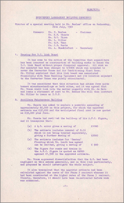 RLBC/M31A Housing for DC Link Board and incorrect charge code, ancillary maintenance building and lack of re-estimation of costs, need to monitor costs (Draft, special meeting, 26 July 1961)