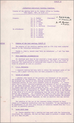 RLBC/M32 Proposal for general layout of site grounds, Jellico asked to produce a scheme costing less than 15,000 pounds, CEGB working on design of new substation, misunderstanding over building numbers, temporary accommodation for contract labour, Bowles concerned at lack of progress on site fencing and car parks (15 August 1963)