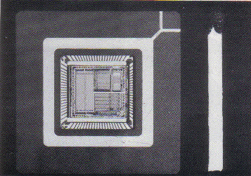 The Inmos transputer compared in size with a matchstick. The chip contains about 150,000 transistors and is capable of executing 10 million instructions per second.