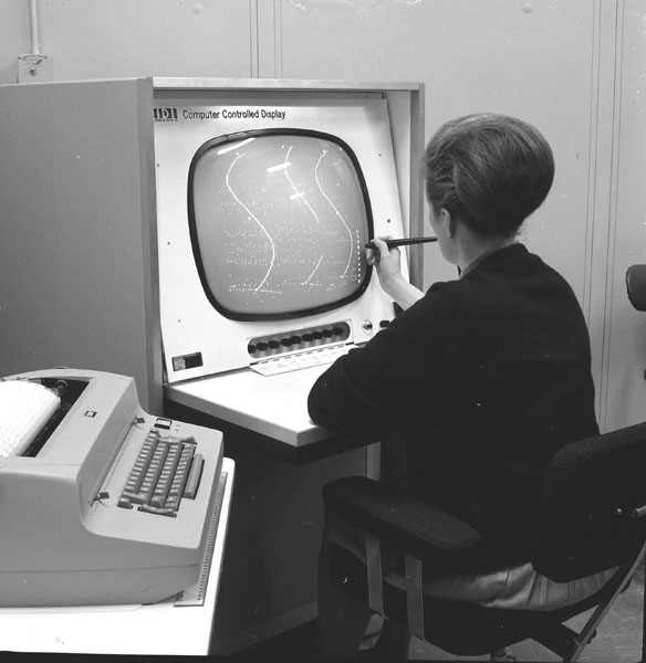 Figure 95. Selected events shown on a computer controlled display. By means of a light-pen the operator controls the selection and accurate measurement of bubble chamber events. 